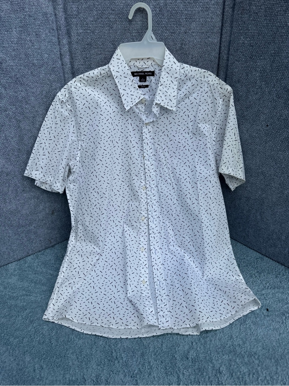 Michael Kors White Short-Sleeve Button-Down with Black Micro Print